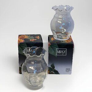 Lot of 2 Mikasa Terrace Mini 3" Clear Ruffled Glass Vases with Original Boxes